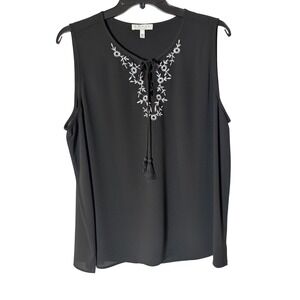Chaus New York XXL Black Sleeveless Tassel Top Embroidered Blouse